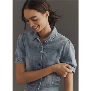 Women's Anthropologie Maeve Medium Denim Short Puff Sleeve Cropped Jacket